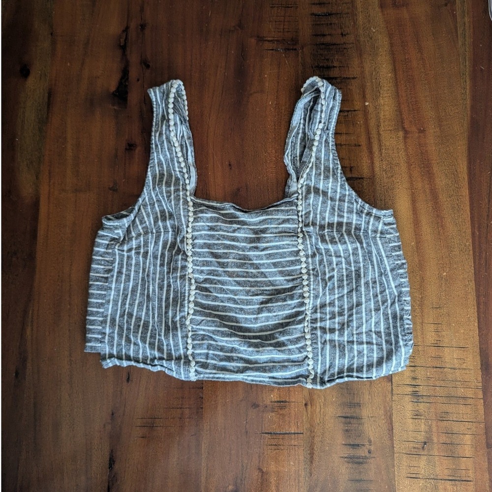 Marine‎ Layer Sleeveless Crop Top Grey Striped Pom Pom Trim Hemp Blend Womens M